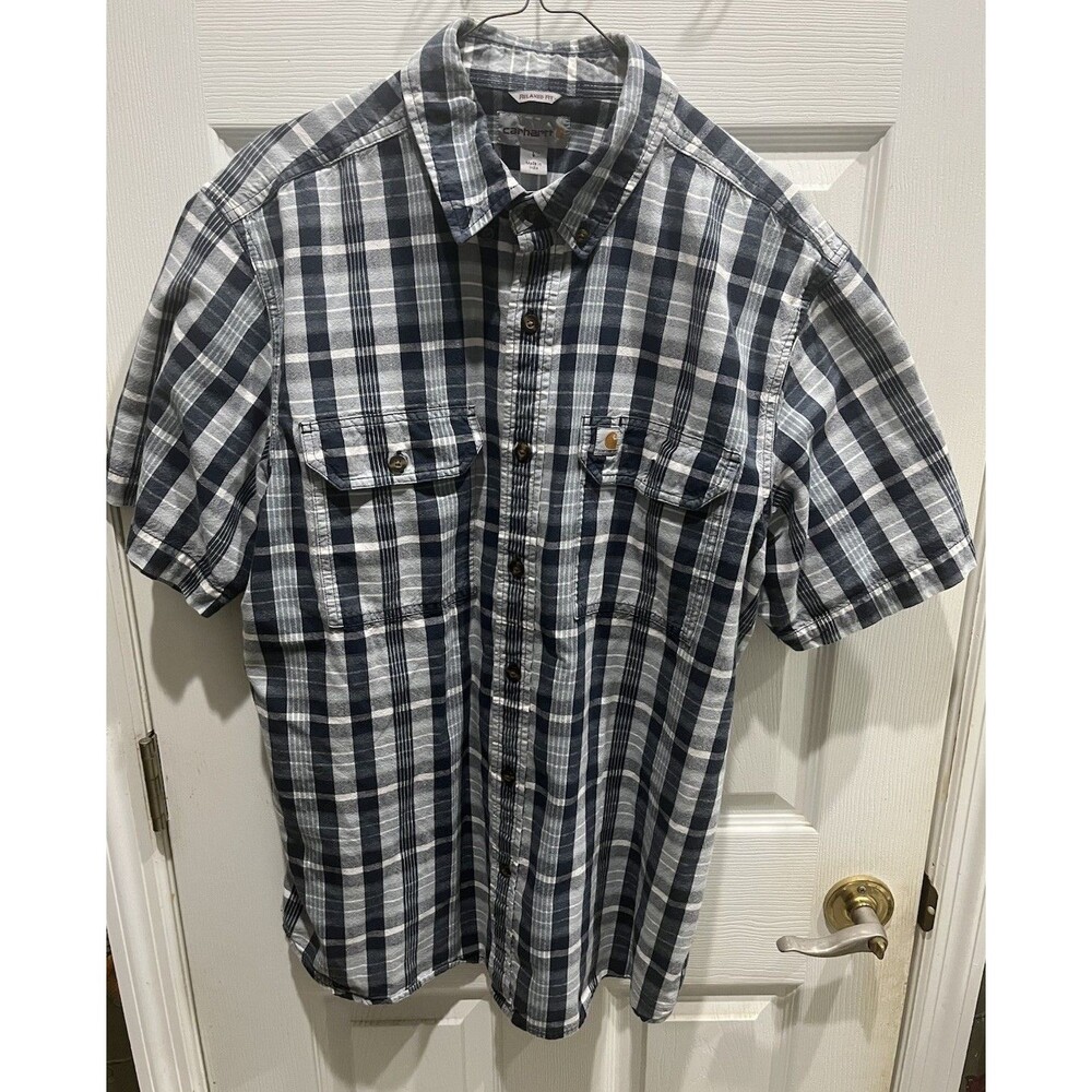 Carhartt Shirt Mens L Blue Plaid Relaxed Fit Short Sleeve Outdoor Button Up